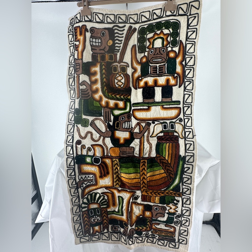 Vintage Embroidered Aztec Mayan Inca Wall Hang Folk Art Hand Woven Tapestry